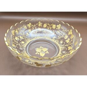 Vintage Crystal Bowl Bohemian Scalloped Raised Hand Painted In Gold 19th Cen.